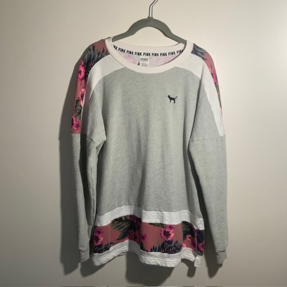 VS PINK Varsity Crew Pullover Sweatshirt M Y2K Style Back Graphic Tropical Cozy